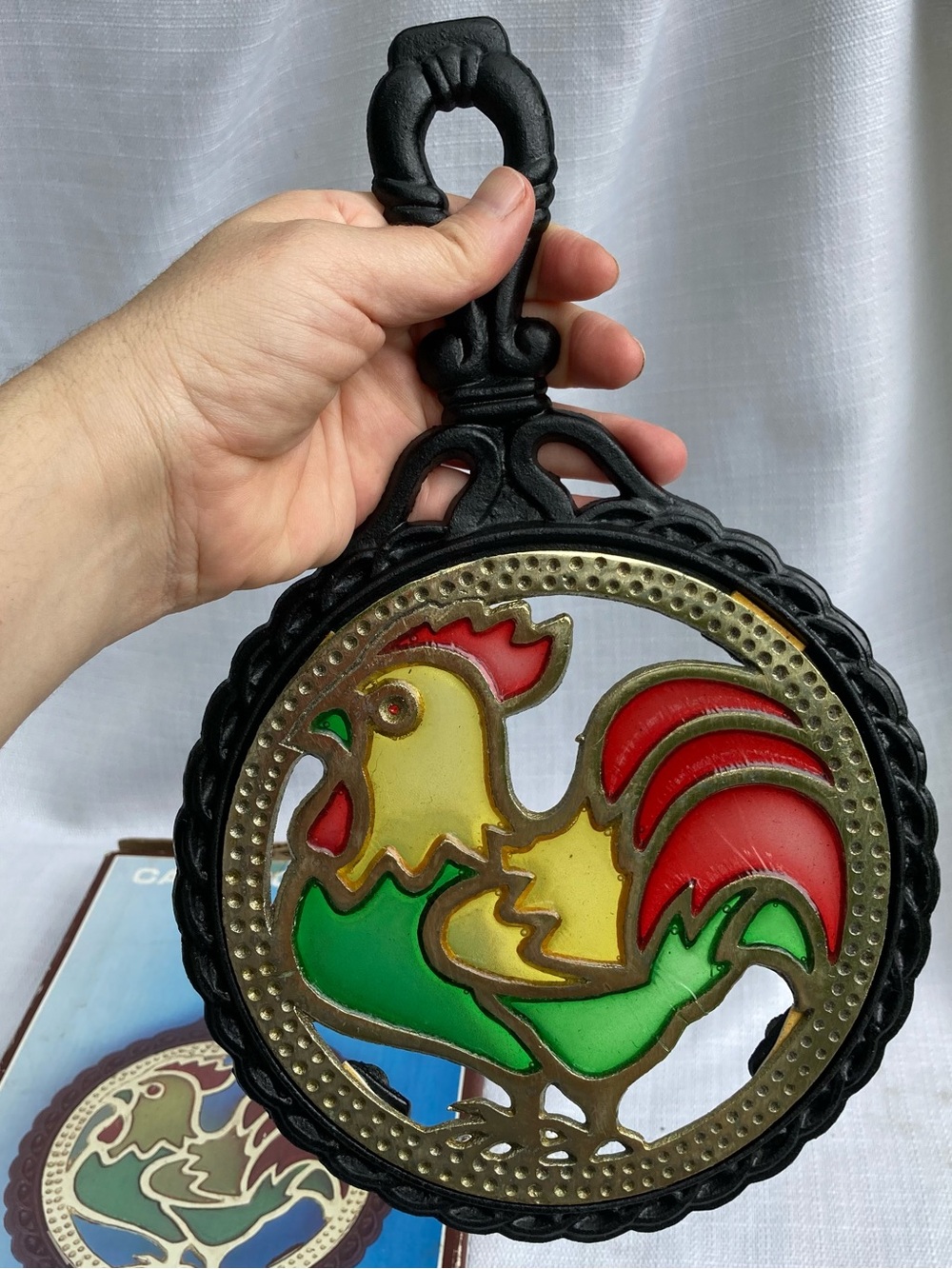 Amazing Vintage Taiwan Faux-Stained Glass Rooster Cast Iron Decorative Trivet!